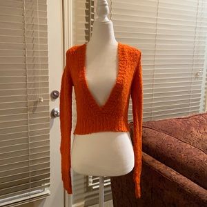 🔥3/$15 Fuzzy orange HOODED CROP Deep-V sweater